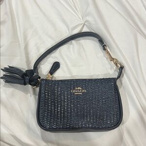 Coach Black Woven Leather Mini Wristlet with Gold Hardware